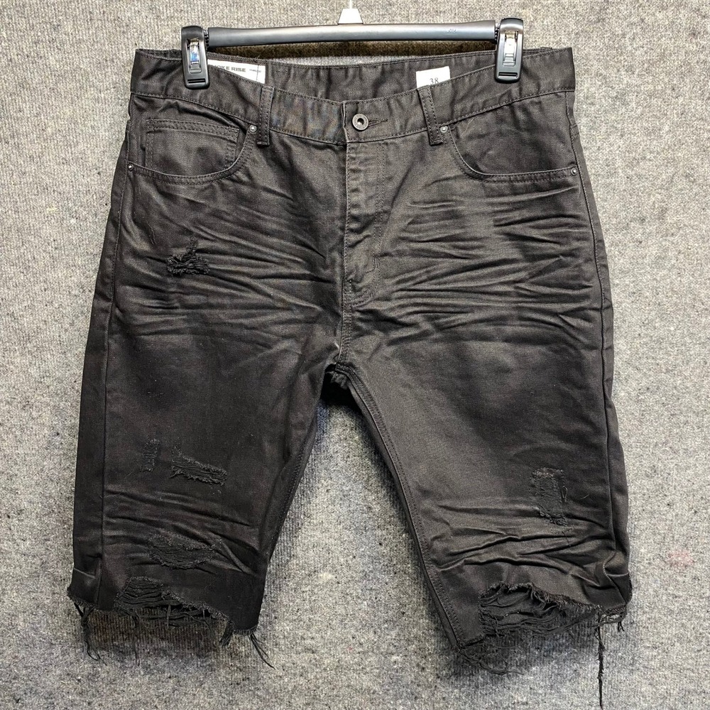 Smoke Rise Mens Distressed Black Denim Shorts Raw Hem Ripped Streetwear Size 38
